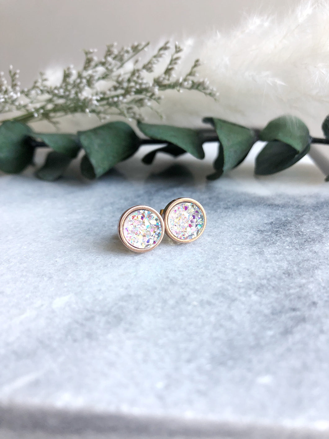 Clear Rose Gold Druzy Stud 10mm
