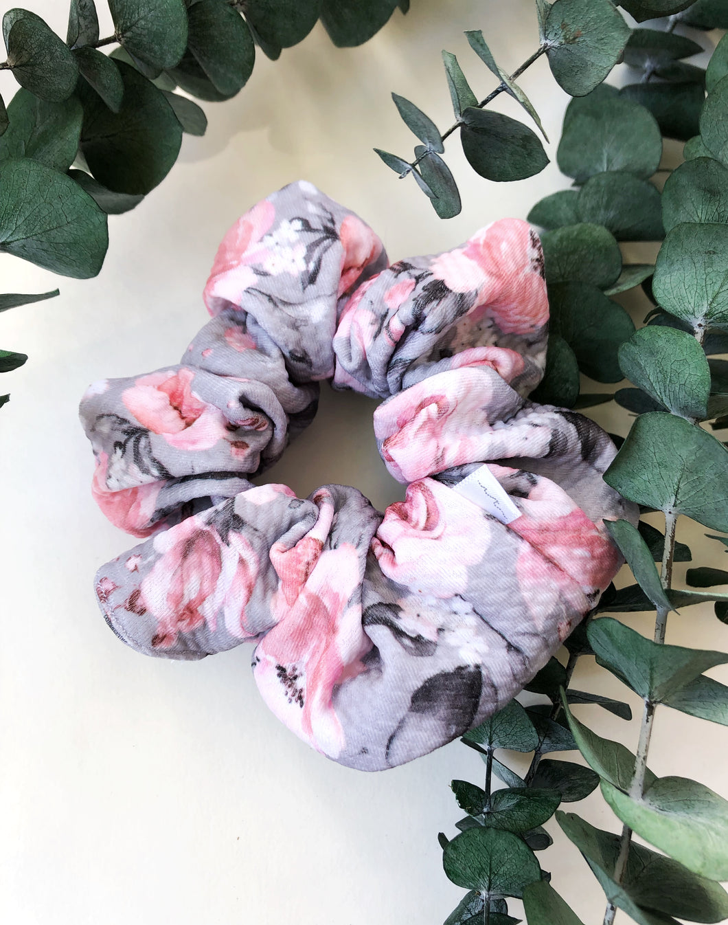 Grey & Pink Floral Scrunchie